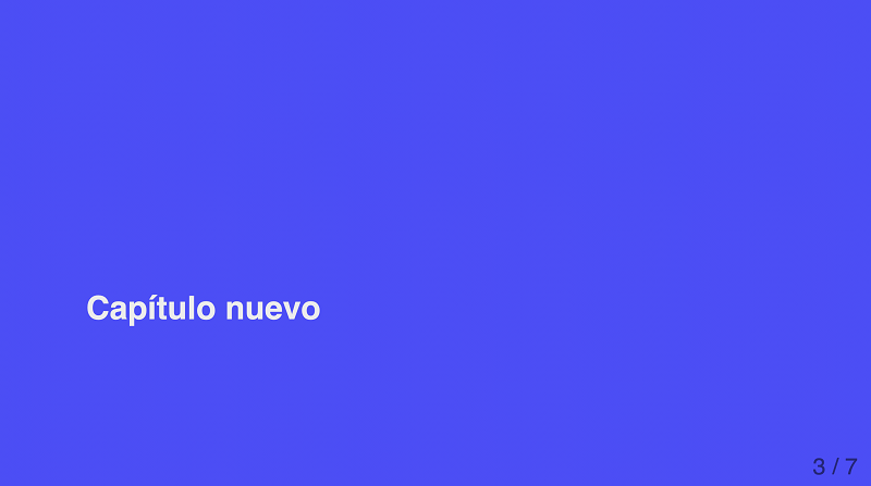 Diapositiva de capítulo, incluida en el theme latinR. Se muestra una diapositiva con el color de fondo morado usado en el logo de LatinR y letras en color blanco con la frase 'Capítulo nuevo'